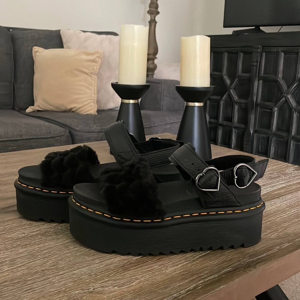 Dr. Marten Black Voss Plush Heart Platform Sandals